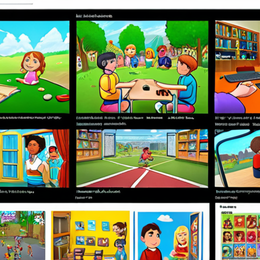 **Friendly online learning environment:** A brightly colored, user-friendly online learning platform interface with animated illustrations. Students are actively participating in a virtual "recess" with games and chat features. Emphasis on community and interaction.