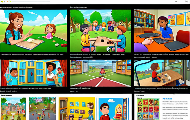 **Friendly online learning environment:** A brightly colored, user-friendly online learning platform interface with animated illustrations. Students are actively participating in a virtual "recess" with games and chat features. Emphasis on community and interaction.