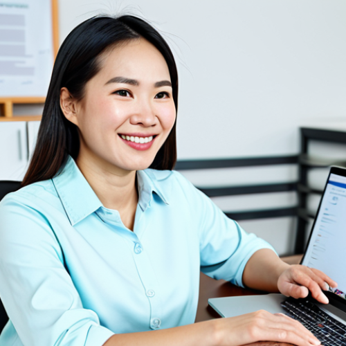 Home 22 **
A Vietnamese woman, a working professional in her 30s, wearing a modest business casual outfit, is comfortably seated at a desk in a bright, modern apartment. She is smiling slightly, looking directly at a laptop displaying a digital marketing course interface. A cup of cà phê sữa đá sits beside her. The scene evokes a sense of focused learning and personal growth. Safe for work, appropriate content, fully clothed, professional, perfect anatomy, natural proportions, high quality.
**