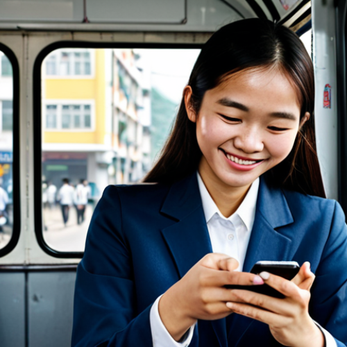 Home 20 **
A young professional woman, fully clothed in modest business attire, is sitting on a bus, holding a smartphone and smiling subtly while listening to an English lesson. The background shows a bustling city street in Vietnam during daylight. Safe for work, appropriate content, perfect anatomy, natural proportions, professional, family-friendly, well-formed hands, proper finger count, natural body proportions.
**