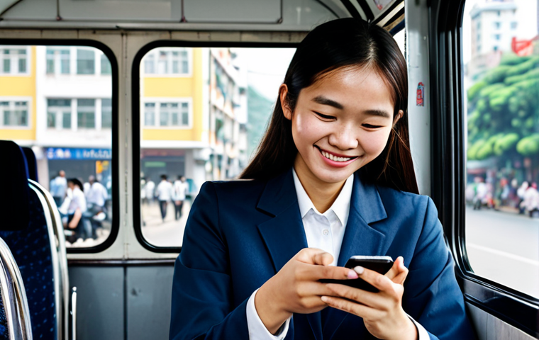 **
A young professional woman, fully clothed in modest business attire, is sitting on a bus, holding a smartphone and smiling subtly while listening to an English lesson. The background shows a bustling city street in Vietnam during daylight. Safe for work, appropriate content, perfect anatomy, natural proportions, professional, family-friendly, well-formed hands, proper finger count, natural body proportions.
**