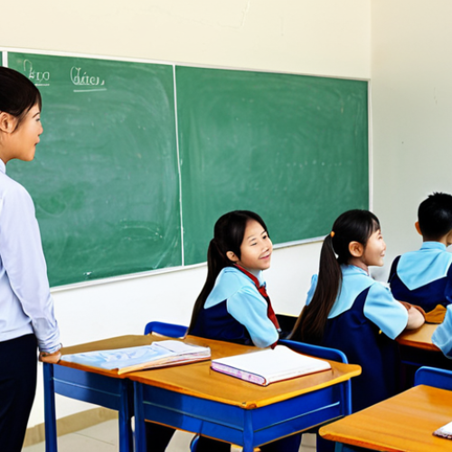 Home 19 Modern Vietnamese Classroom**
"A bright and welcoming Vietnamese classroom, filled with students actively engaged in group projects. The teacher acts as a facilitator, moving among the groups and offering guidance. Whiteboard displays colorful diagrams and student-created content. Students are fully clothed in áo dài or modest school uniforms. Safe for work, appropriate content, fully clothed, professional, educational setting, perfect anatomy, natural proportions, high quality."
**