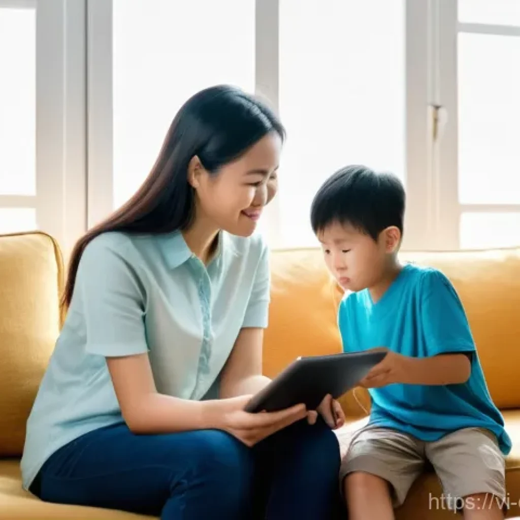 디지털 학습의 사회적 책임 - **Prompt:** A heartwarming scene of a Vietnamese mother and her son, approximately 10 years old, sit...