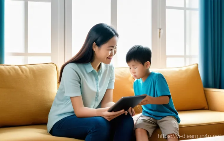 디지털 학습의 사회적 책임 - **Prompt:** A heartwarming scene of a Vietnamese mother and her son, approximately 10 years old, sit...