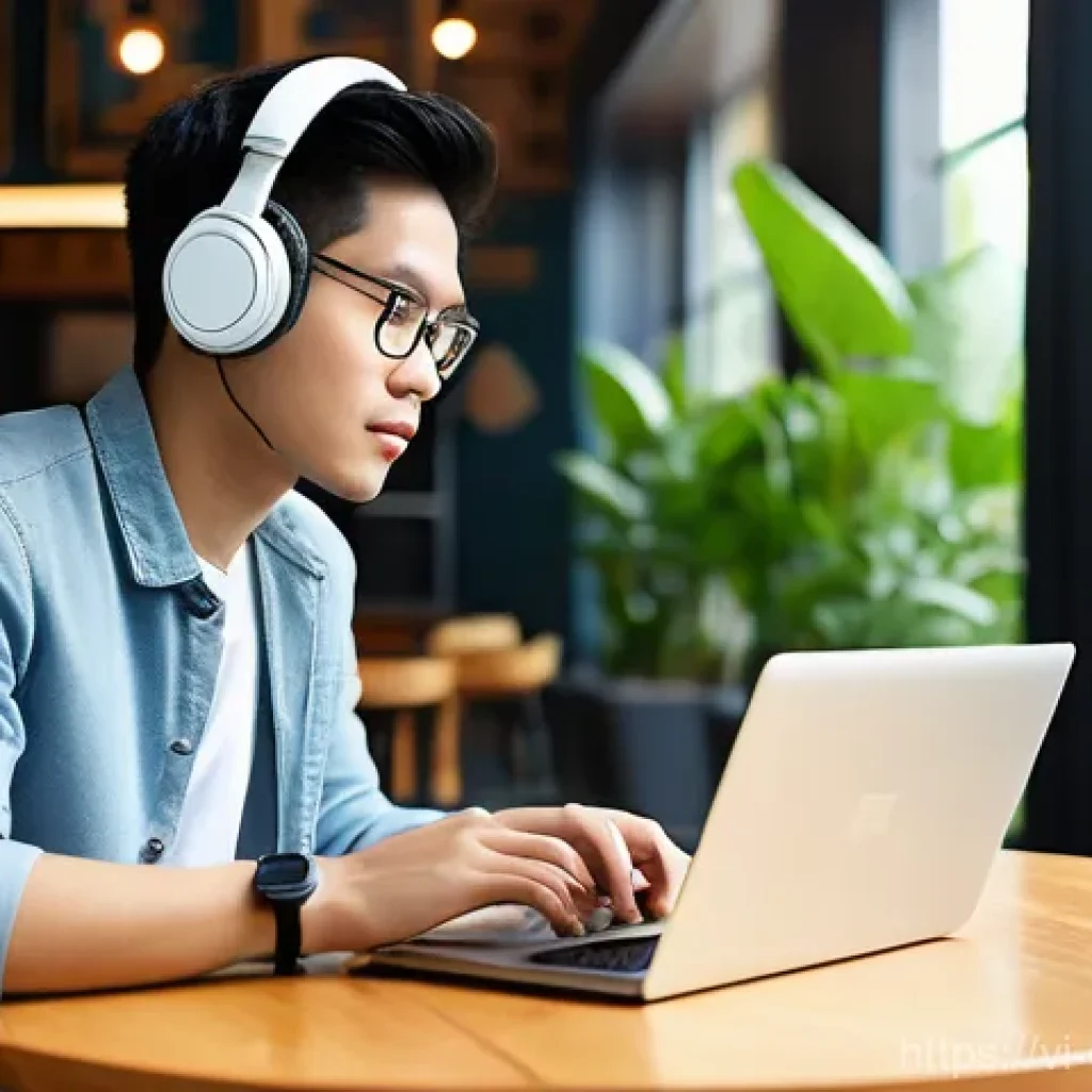 하이브리드 교육 - **A Vietnamese university student studying in a bright, modern cafe.** The student, in their early t...