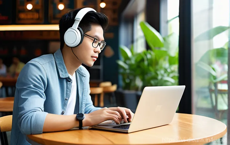 하이브리드 교육 - **A Vietnamese university student studying in a bright, modern cafe.** The student, in their early t...