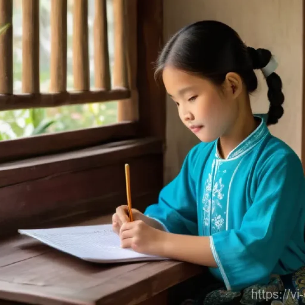 디지털 학습의 사회적 영향 - A young Vietnamese girl, approximately 10 years old, sits attentively at a simple wooden table in a ...