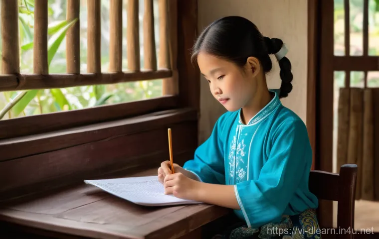디지털 학습의 사회적 영향 - A young Vietnamese girl, approximately 10 years old, sits attentively at a simple wooden table in a ...