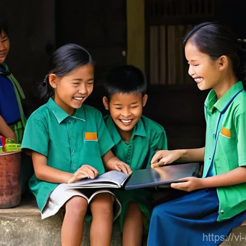 디지털 교육의 접근성 문제 - **Prompt:** A heartwarming and bright scene in a rural Vietnamese village. A diverse group of Vietna...