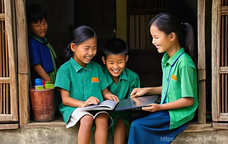 디지털 교육의 접근성 문제 - **Prompt:** A heartwarming and bright scene in a rural Vietnamese village. A diverse group of Vietna...