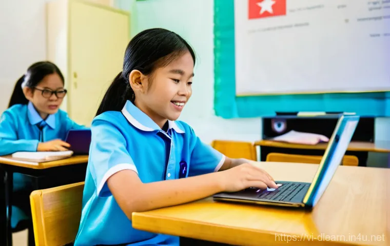 디지털 교육의 접근성 문제 - **Prompt:** A dynamic and innovative Vietnamese classroom setting, bustling with engaged students. A...