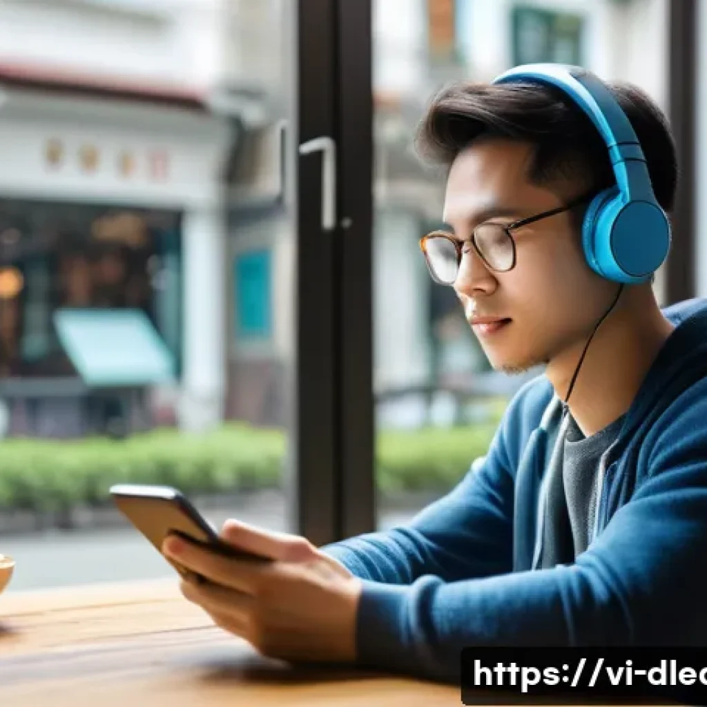 스마트폰으로 학습하기 - A focused Vietnamese young adult studying on a smartphone in a cozy, well-lit quiet caf&eacute;, wearing ca...