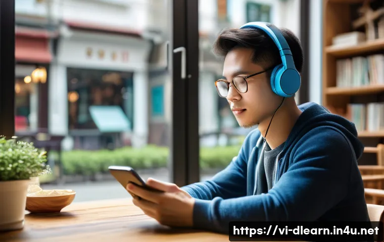 스마트폰으로 학습하기 - A focused Vietnamese young adult studying on a smartphone in a cozy, well-lit quiet café, wearing ca...