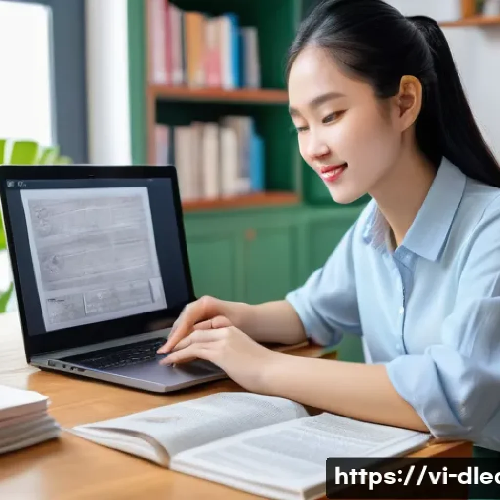디지털 학습의 플랫폼 비교 - A modern Vietnamese student studying online at home using a laptop, surrounded by textbooks and a sm...