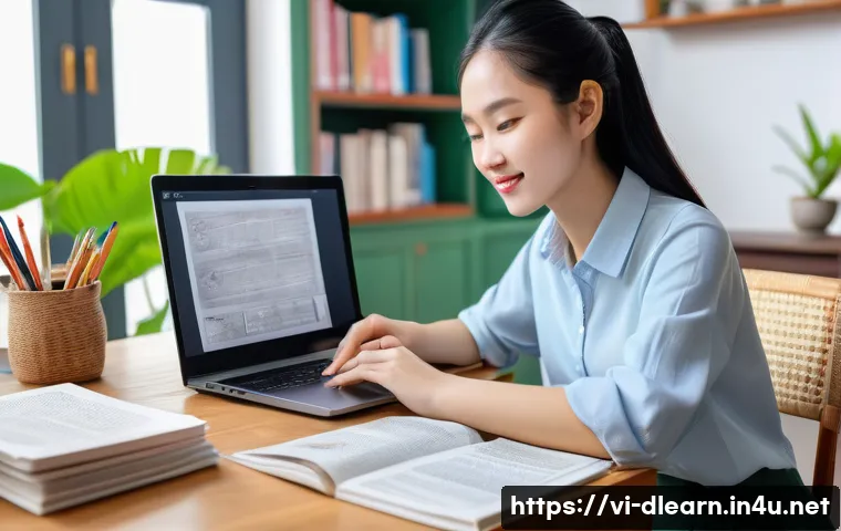 디지털 학습의 플랫폼 비교 - A modern Vietnamese student studying online at home using a laptop, surrounded by textbooks and a sm...