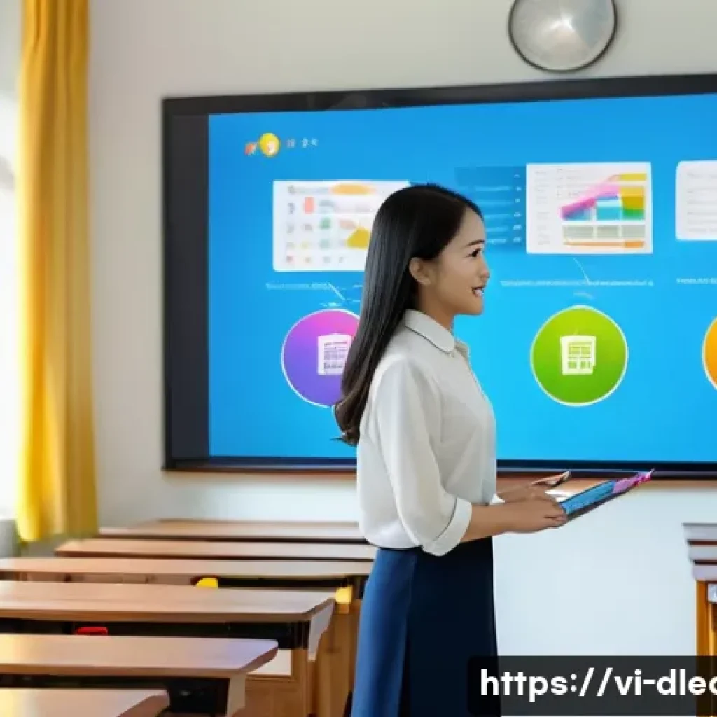 디지털 교육을 위한 도구 - A modern Vietnamese classroom scene with a young female teacher using a large interactive touchscree...