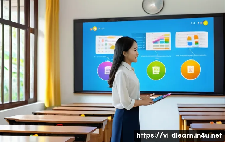 디지털 교육을 위한 도구 - A modern Vietnamese classroom scene with a young female teacher using a large interactive touchscree...