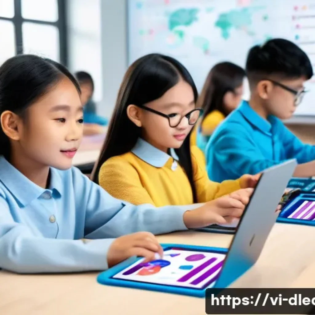 디지털 학습의 최신 기술 동향 - A vibrant classroom scene featuring Vietnamese students using AI-powered tablets and laptops, with h...