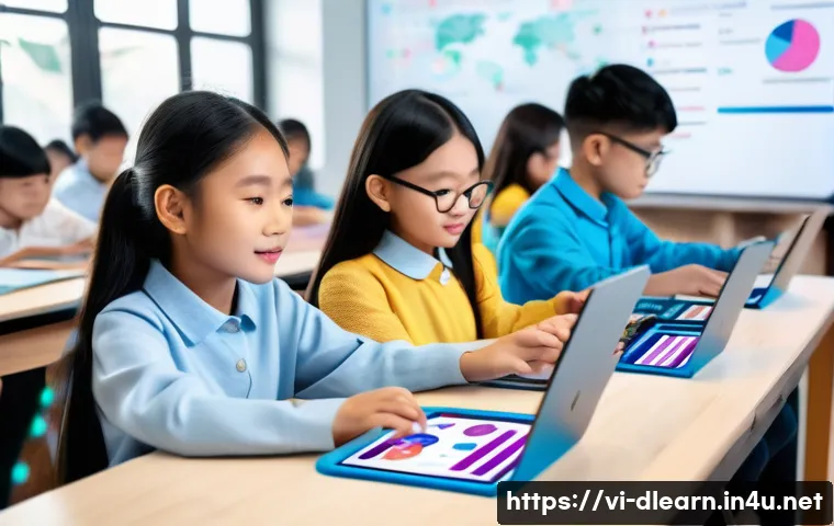 디지털 학습의 최신 기술 동향 - A vibrant classroom scene featuring Vietnamese students using AI-powered tablets and laptops, with h...