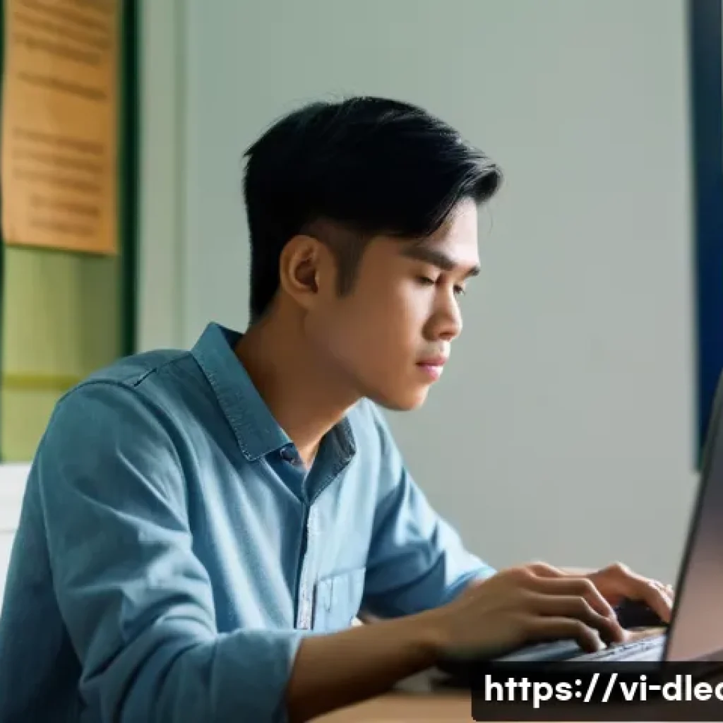 온라인 시험 - A focused Vietnamese student sitting at a clean, organized desk in a quiet room with soft natural li...
