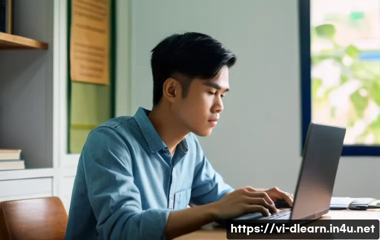 온라인 시험 - A focused Vietnamese student sitting at a clean, organized desk in a quiet room with soft natural li...
