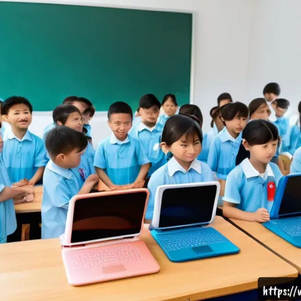 디지털 교육의 리더십 - A modern Vietnamese digital classroom scene featuring a diverse group of elementary students wearing...