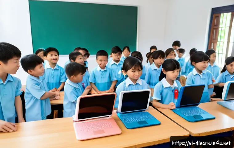 디지털 교육의 리더십 - A modern Vietnamese digital classroom scene featuring a diverse group of elementary students wearing...