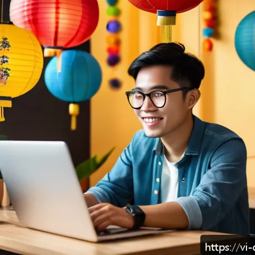 디지털 교육의 혁신적인 모델 - A vibrant Vietnamese young adult studying online at home using a laptop and smartphone, surrounded b...