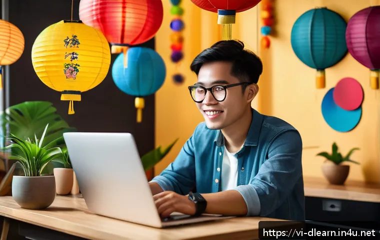 디지털 교육의 혁신적인 모델 - A vibrant Vietnamese young adult studying online at home using a laptop and smartphone, surrounded b...