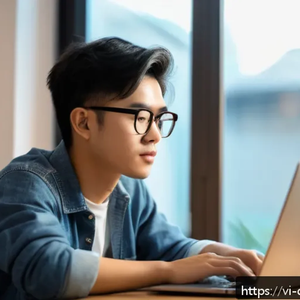디지털 학습에서의 프라이버시 - A Vietnamese student studying online at home, wearing casual clothes and glasses, sitting at a desk ...