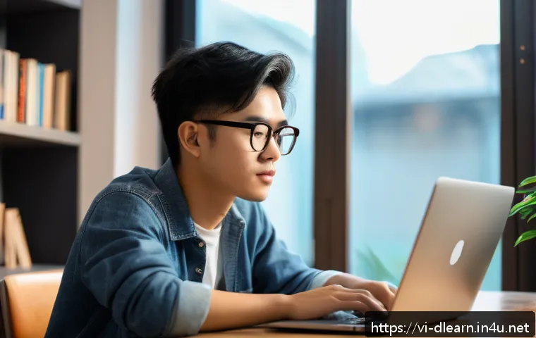 디지털 학습에서의 프라이버시 - A Vietnamese student studying online at home, wearing casual clothes and glasses, sitting at a desk ...
