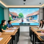 Home 21 디지털 교육의 사례 연구 - A vibrant online classroom scene set in a modern Vietnamese urban apartment, featuring a diverse gro...