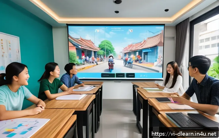 디지털 교육의 사례 연구 - A vibrant online classroom scene set in a modern Vietnamese urban apartment, featuring a diverse gro...