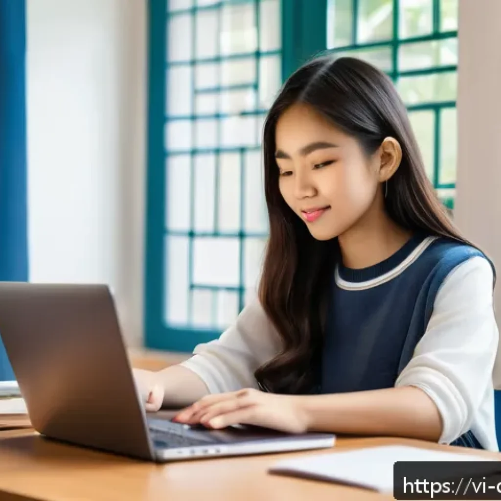 디지털 학습의 개인화 - A modern Vietnamese student studying online at home, sitting comfortably at a desk with a laptop dis...