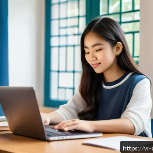 Home 32 디지털 학습의 개인화 - A modern Vietnamese student studying online at home, sitting comfortably at a desk with a laptop dis...