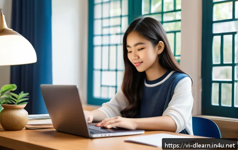 디지털 학습의 개인화 - A modern Vietnamese student studying online at home, sitting comfortably at a desk with a laptop dis...