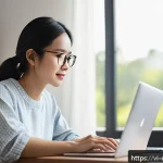 Home 19 디지털 교육의 실용적 접근 - A focused Vietnamese young adult woman sitting at a modern home office desk, engaging in an online c...