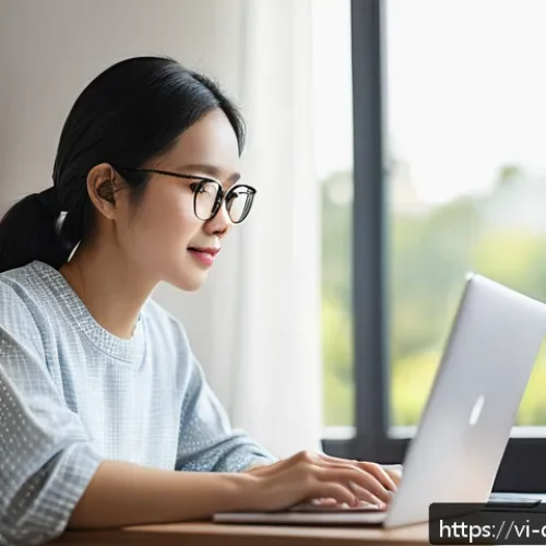 Home 31 디지털 교육의 실용적 접근 - A focused Vietnamese young adult woman sitting at a modern home office desk, engaging in an online c...