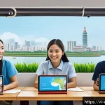 Home 18 디지털 교육에서의 콘텐츠 개인화 - A modern digital classroom scene showing a diverse group of Vietnamese students using laptops and ta...