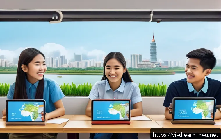디지털 교육에서의 콘텐츠 개인화 - A modern digital classroom scene showing a diverse group of Vietnamese students using laptops and ta...