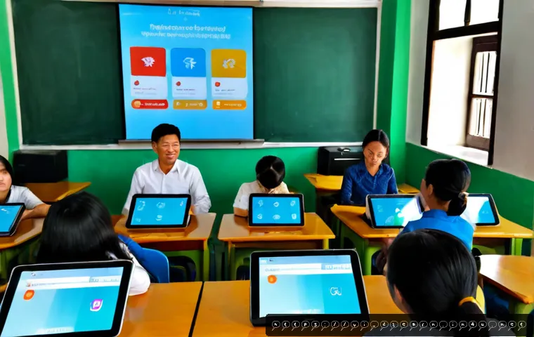 Home 17 디지털 교육에서의 콘텐츠 업데이트 - Photorealistic modern digital learning update scene in a bright Vietnamese community classroom, a mi...