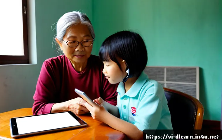 Home 17 디지털 학습의 접근성 향상 - Photorealistic scene of a Vietnamese grandmother in a bright Hanoi apartment learning on a tablet wi...